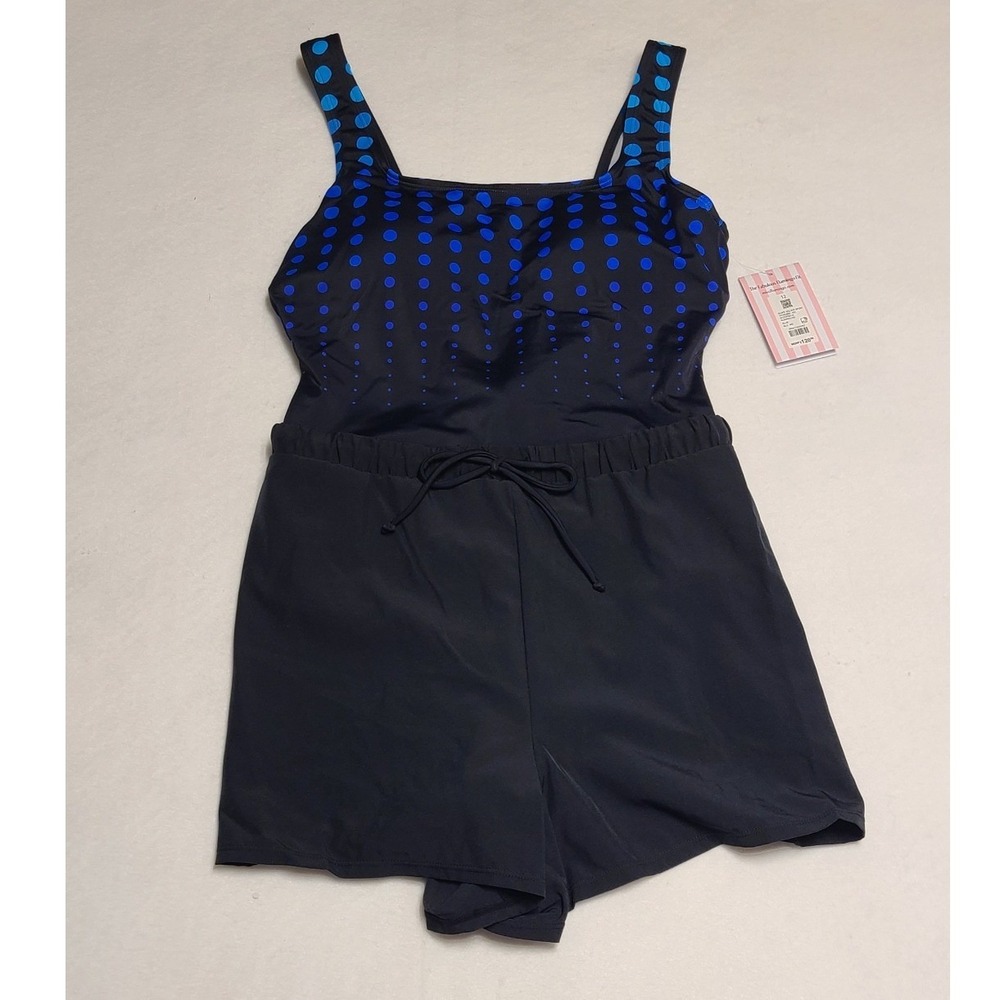 ShapeSolver Sport Mimi Flamingo Blue Polka Dot Swimdress One Piece Size 12 NEW